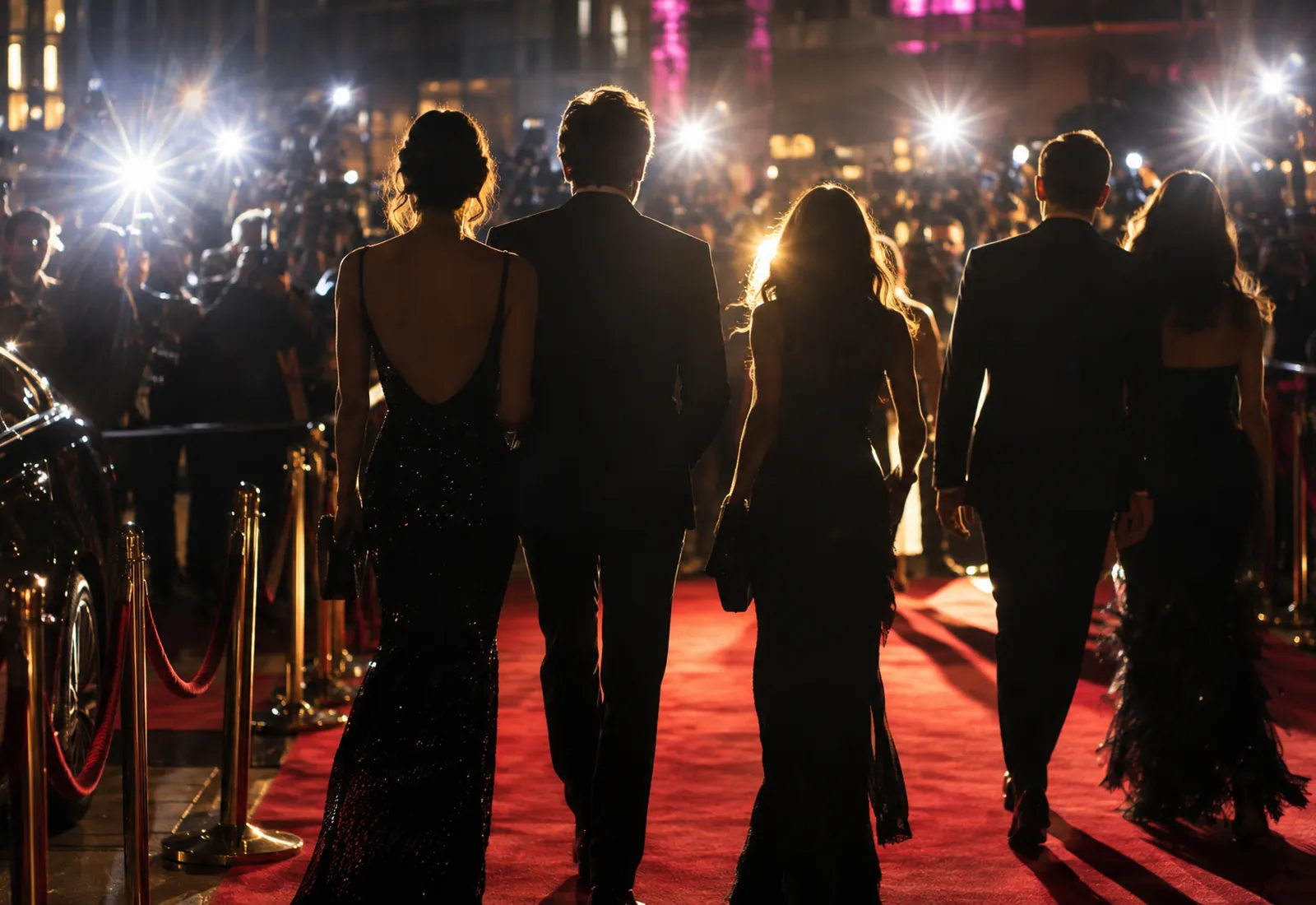 Silhouetted figures walking into a wall of camera flashes