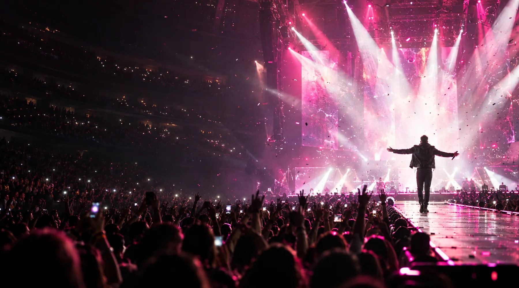 A silhouetted performer on a pink and white lit arena stage in front of a huge crowd