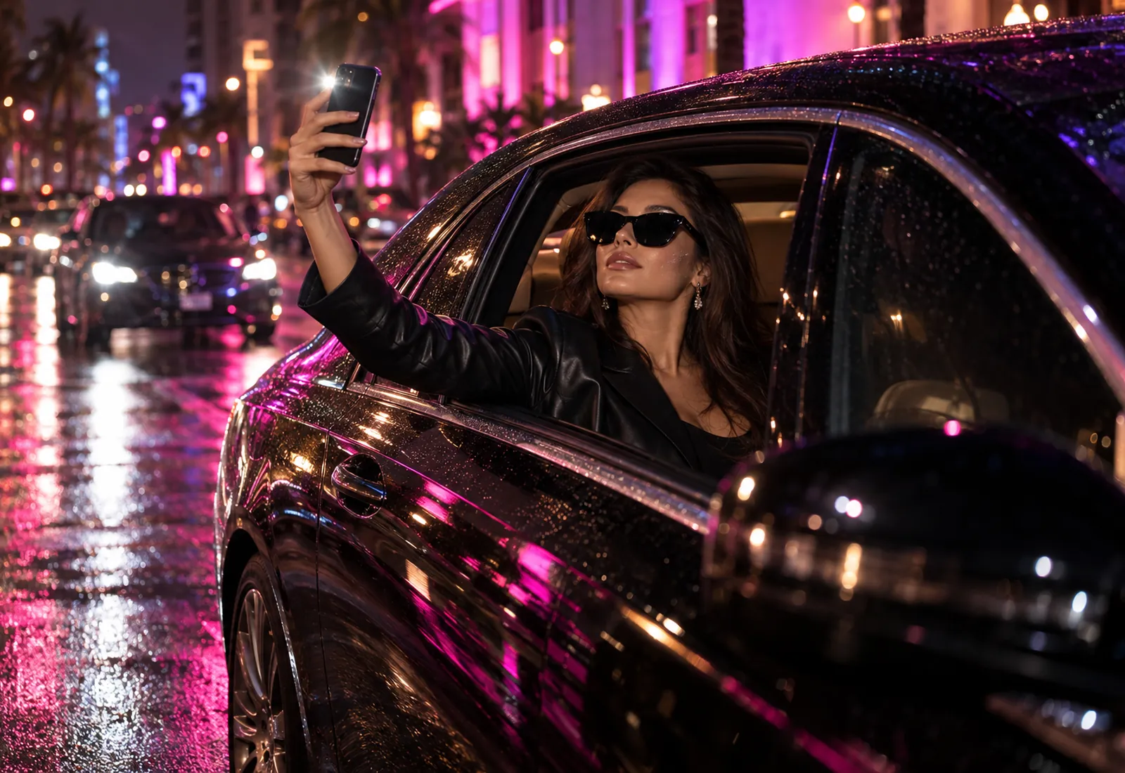 A young adult woman in a car at night holding up her phone