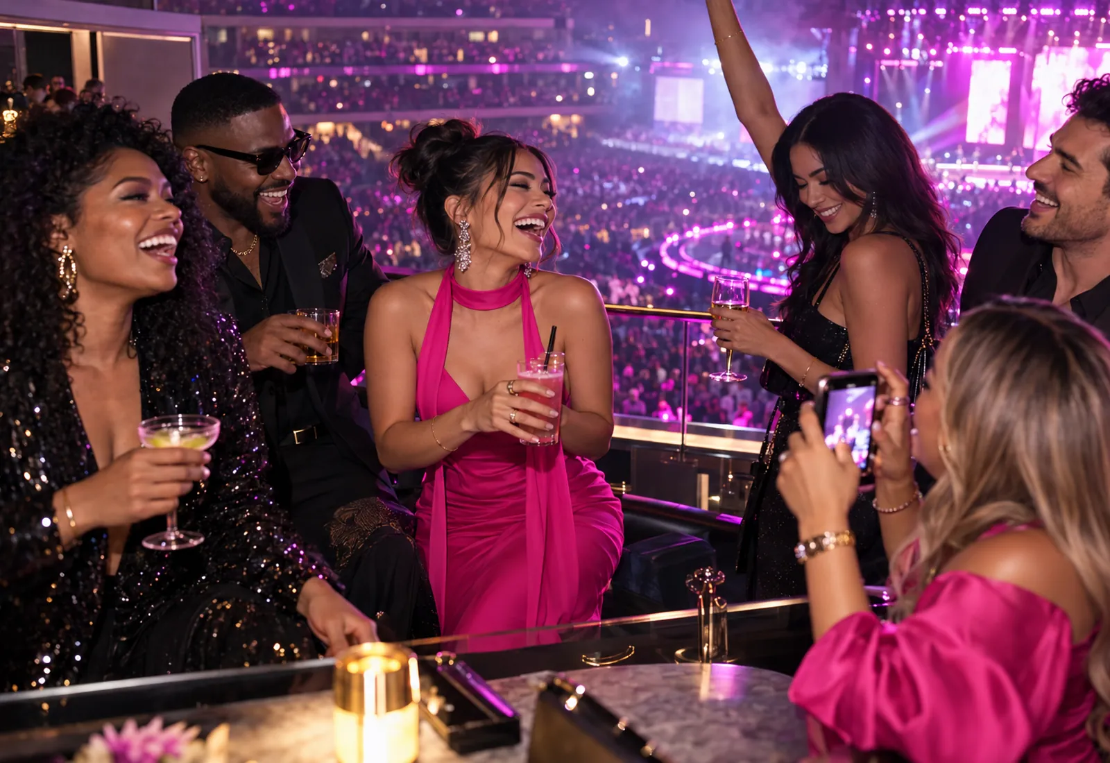 Fans in a VIP section above an arena floor